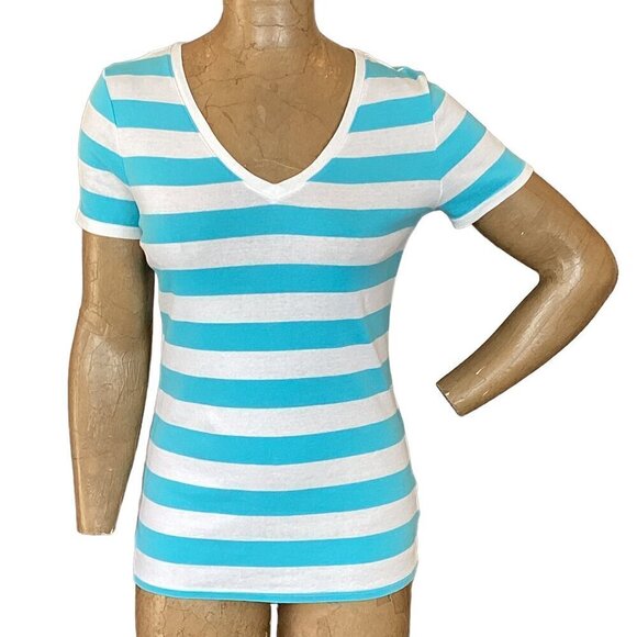 Merona Ultimate Tee Polo Stripe V-Neck Short Sleeve Turquoise & White Sz M 103U - Picture 1 of 6